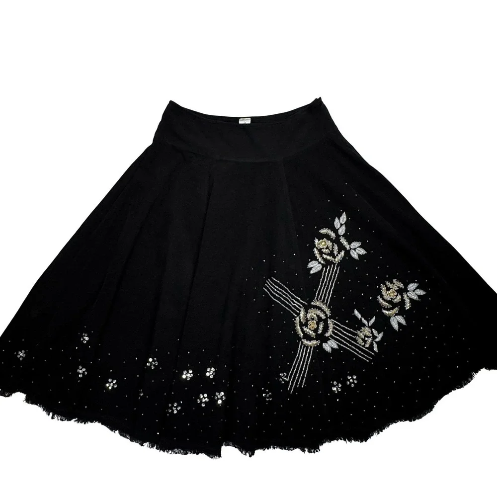 French Kiss Black Embellished Cotton Skirt S Rhinestone Floral Beaded Full Swing